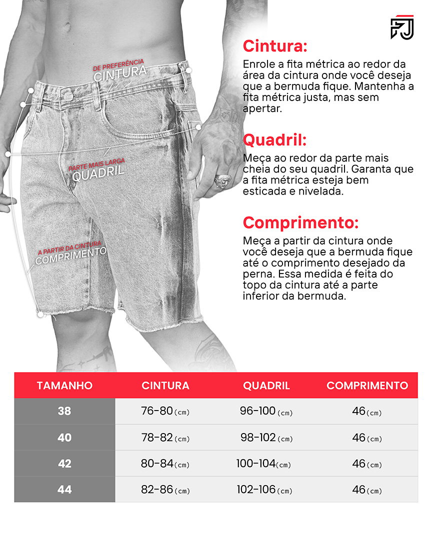 Tabela de medidas shorts sarja